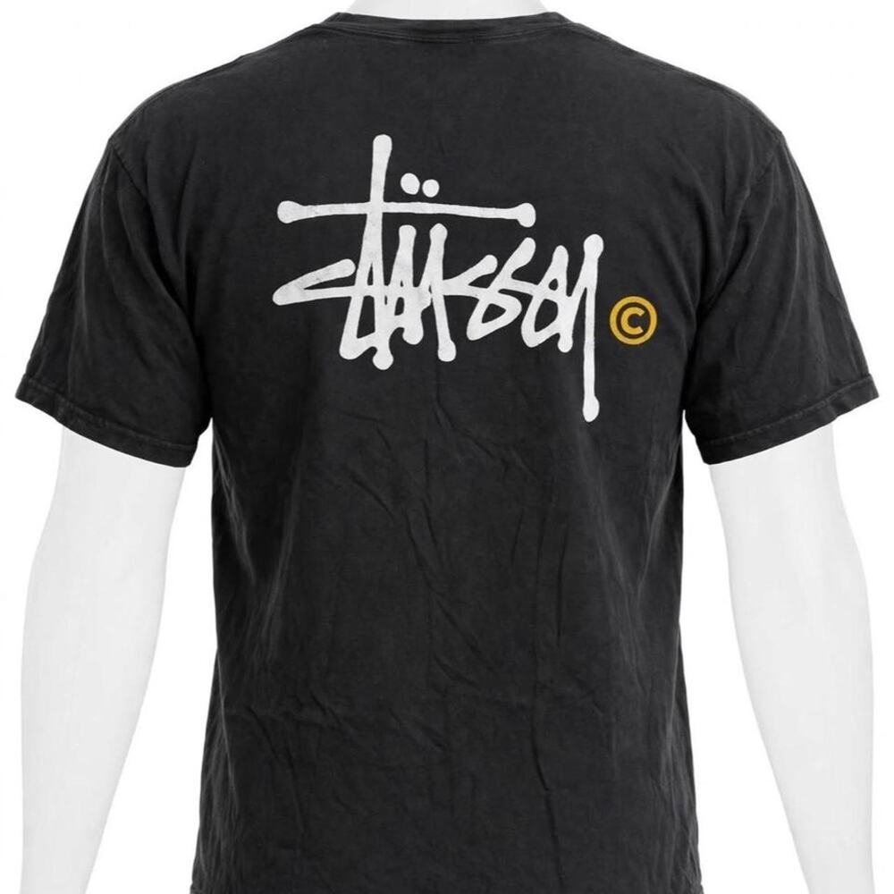 Stüssy black t-shirt with white Stüssy logo and yellow circle, size XL